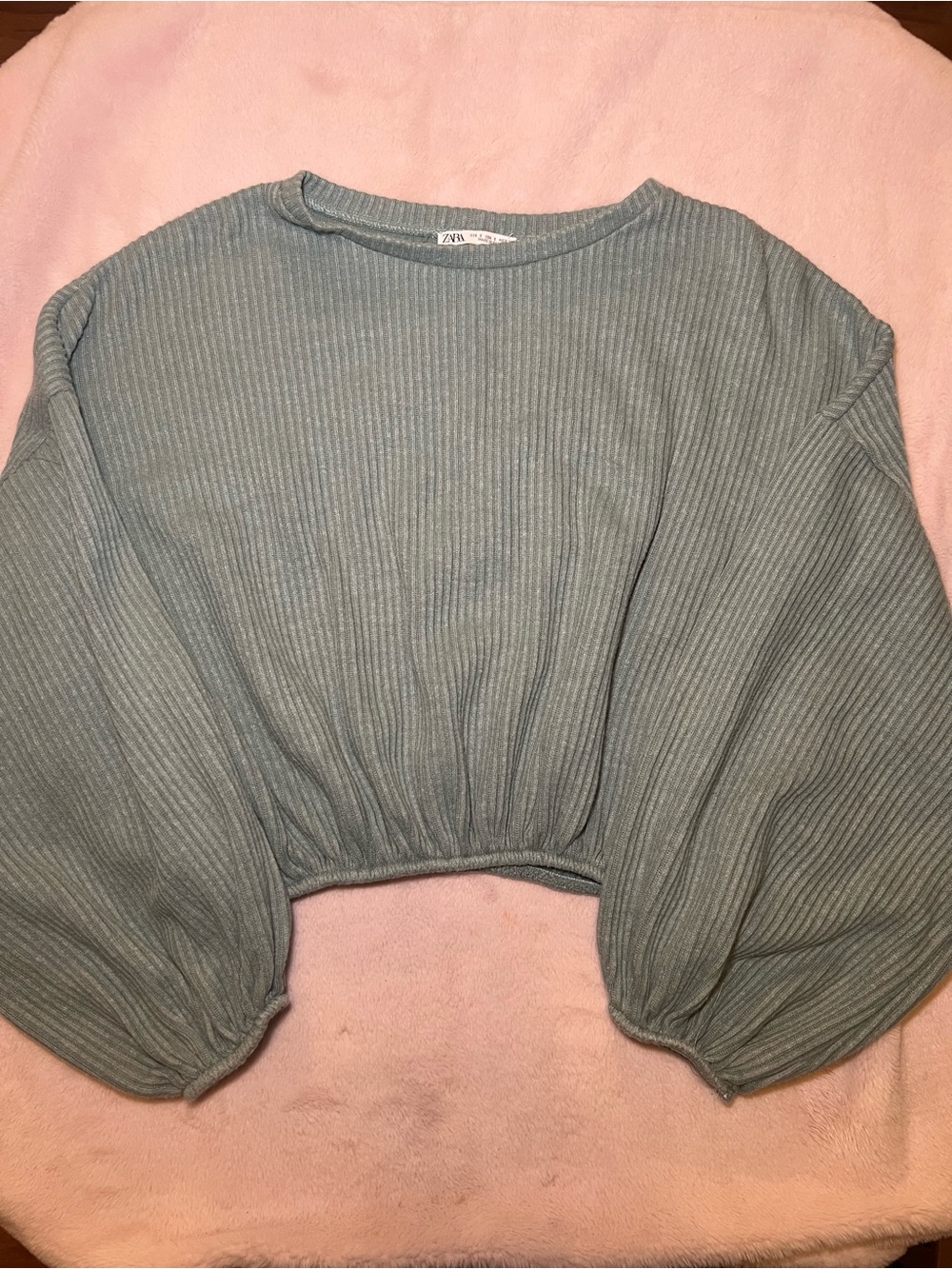 Zara Blue Ribbed Balloon-Sleeve Crop Top